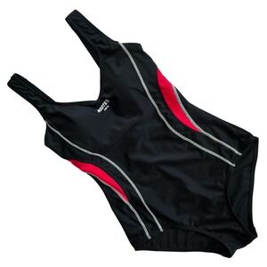 Roots 73 Women's One Piece Swimsuit Sporty Racerback Stitch Black Coral Pink 8